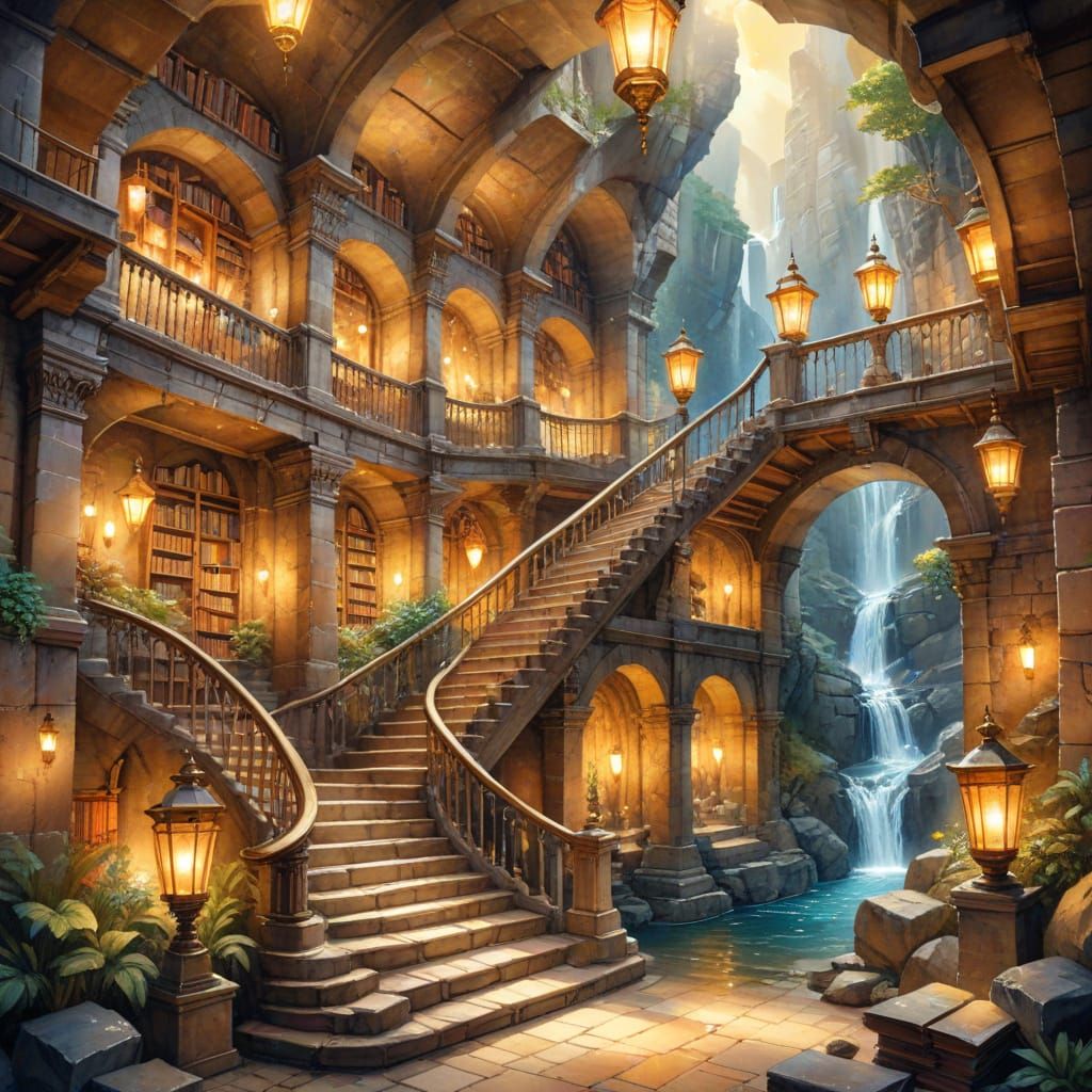 Ancient Mountain Library: Watercolor Fantasy Art