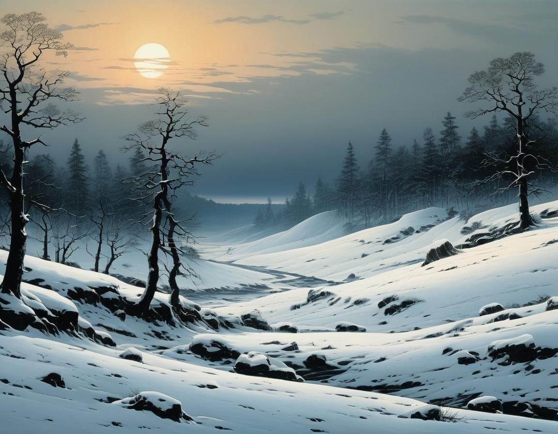 Snowy Landscape at Dawn in Romantic Style