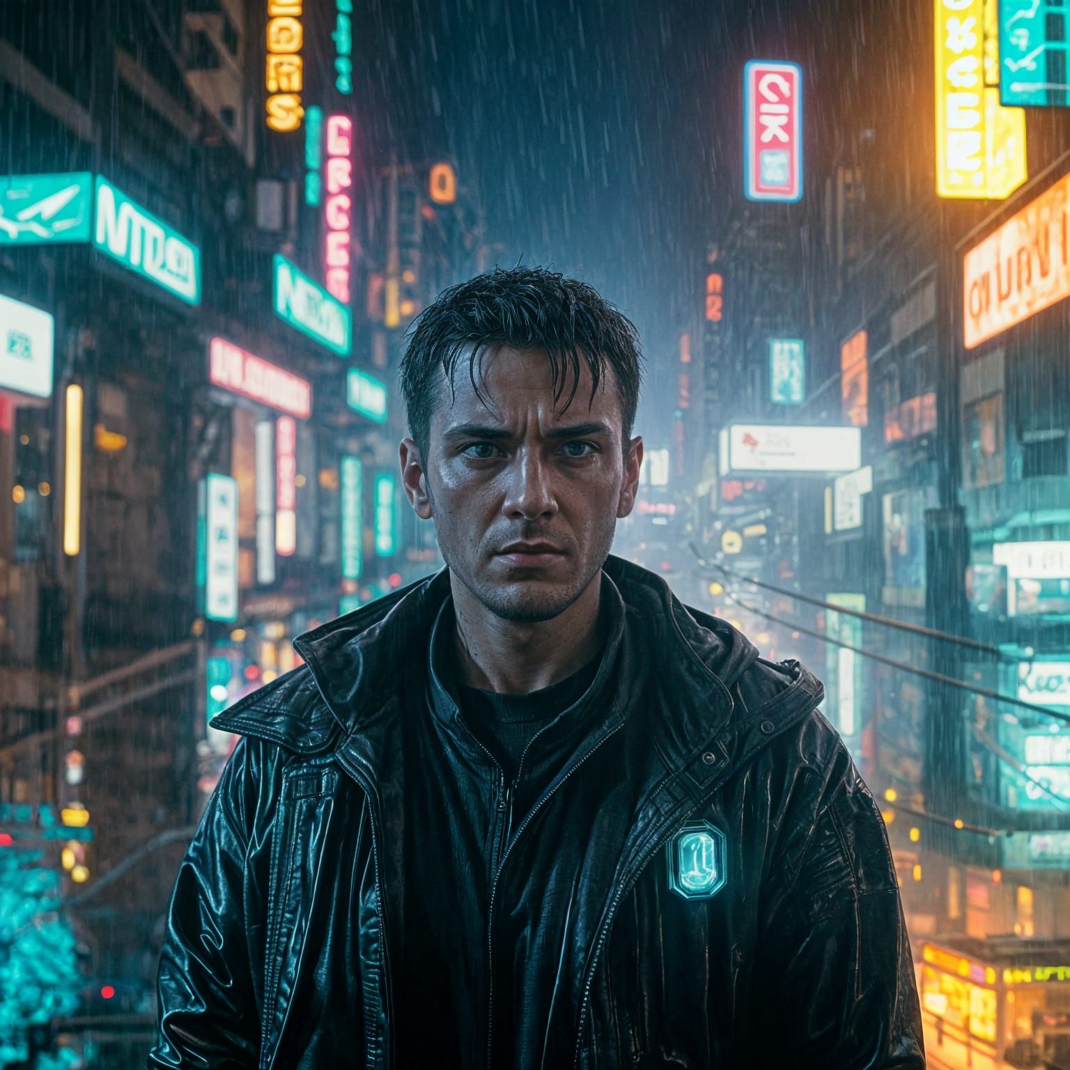 Cyberpunk Protagonist in Rainy Cityscape