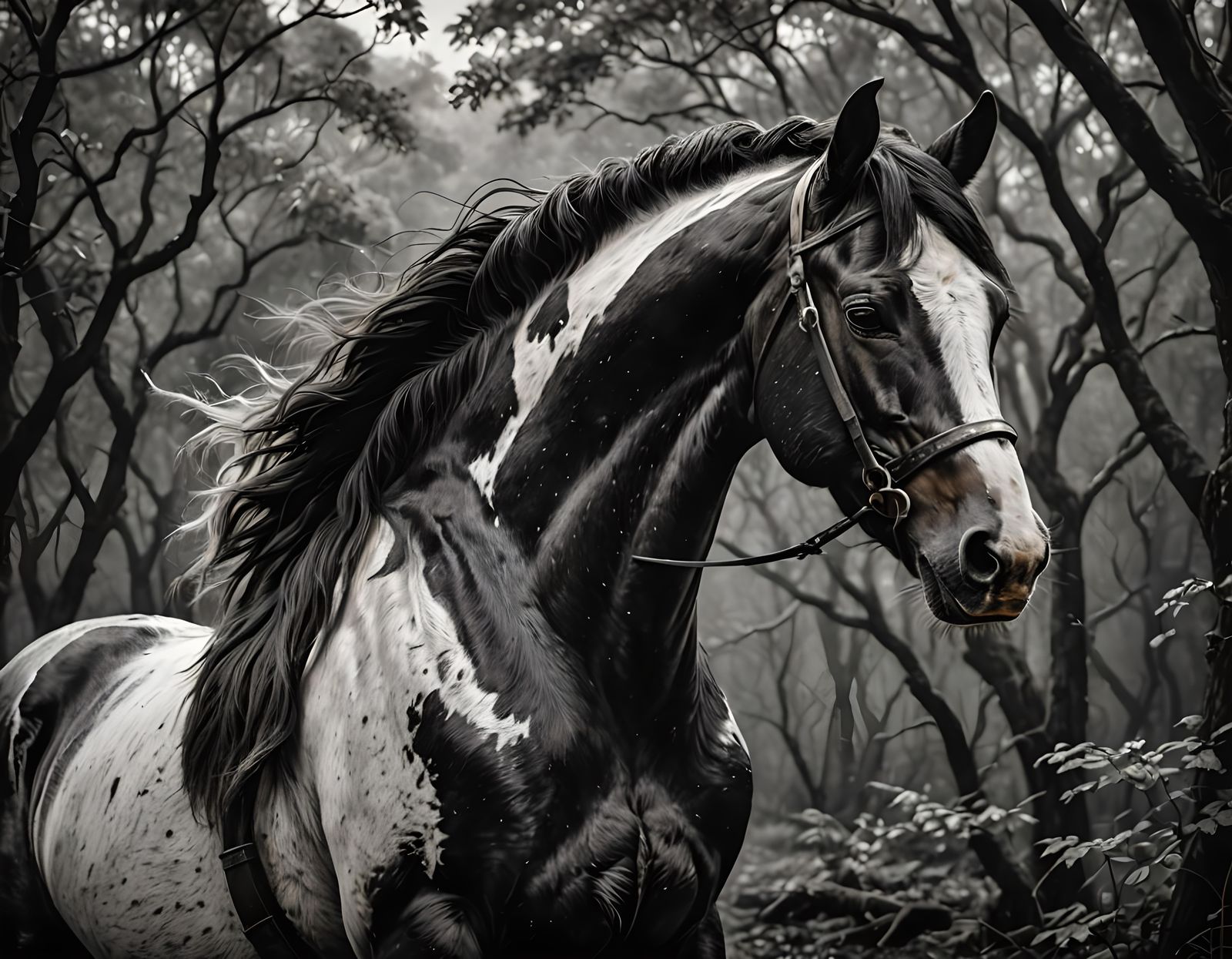 Ultra Realistic Oil painting of a beautiful black and white Horse, fantasy background, HDR, hyperdetailed, intricately r...