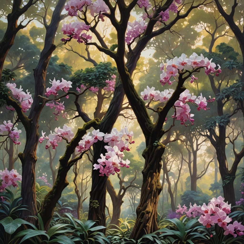 Orchids Adorn Majestic Tree in Forest, Golden-Era Style