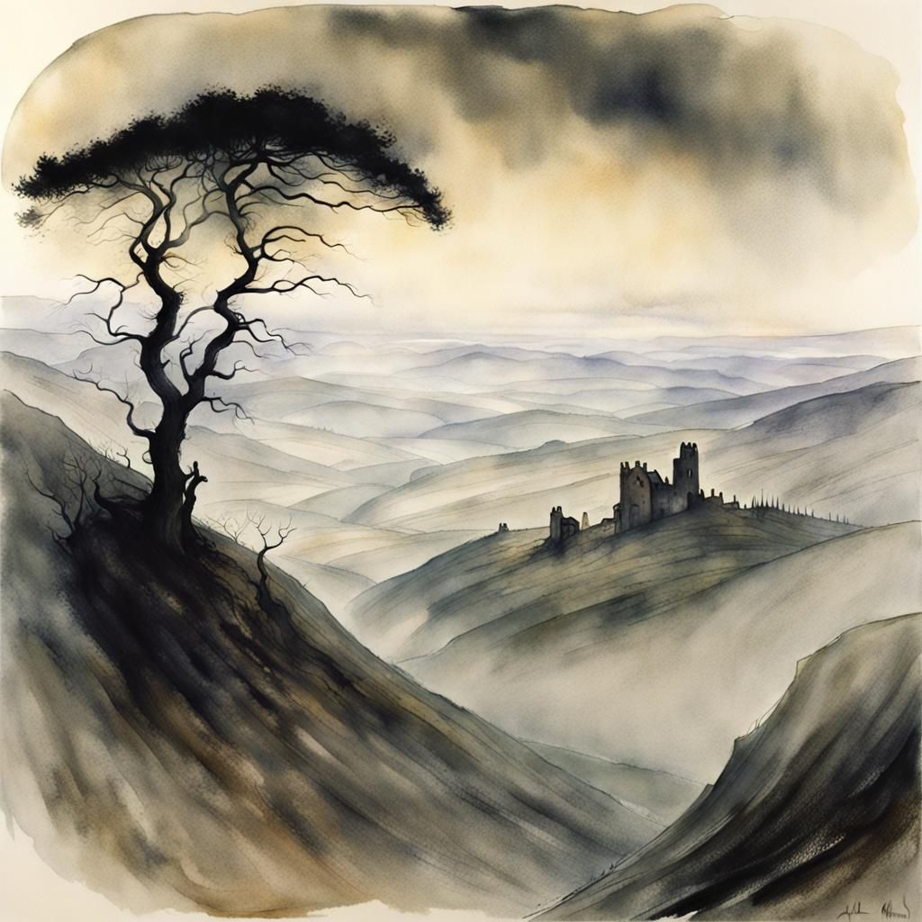 Eerie Ruins in Fog: A Sinister Landscape