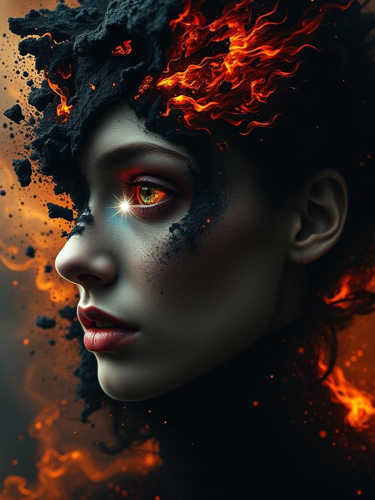 Inferno Woman: Face Melts into Starry Ash