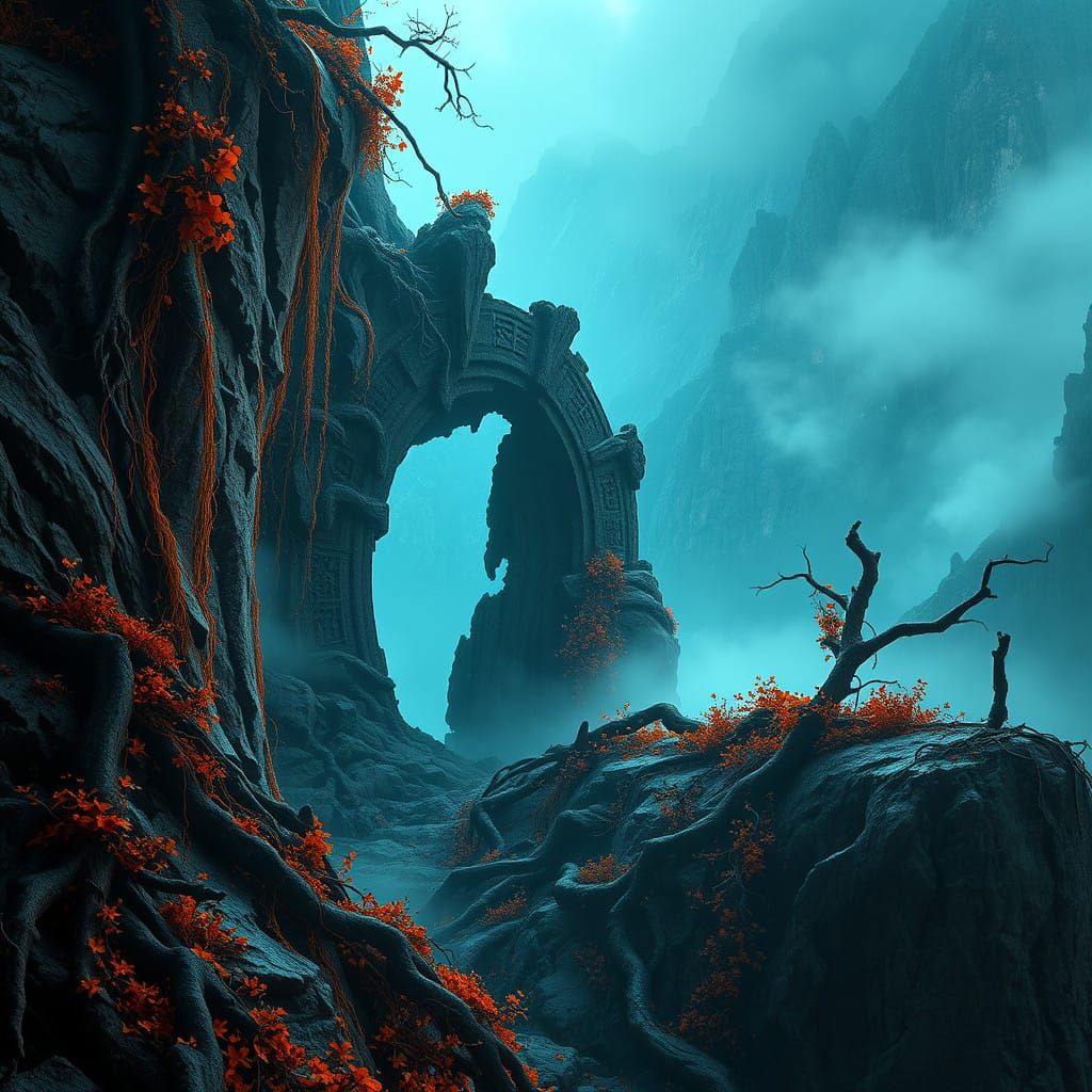 Ancient, Shattered Portal on a Misty Mountain Cliffside in U...