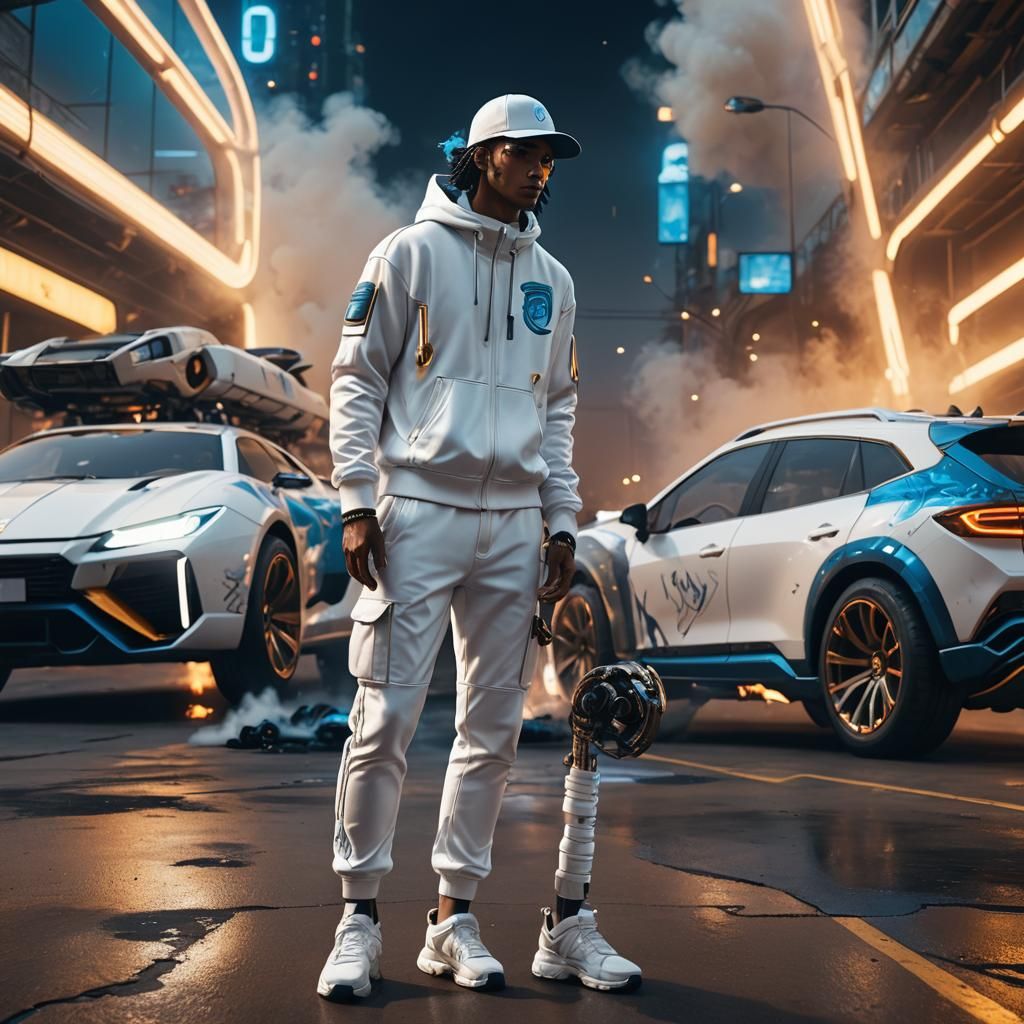 Futuristic Figure in White Tracksuit Concept Art