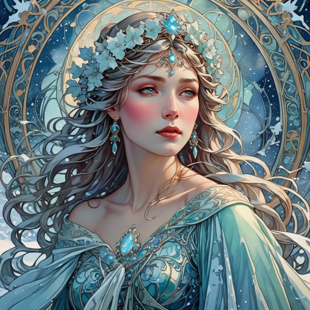 Winter Goddess Portrait in Art Nouveau Style