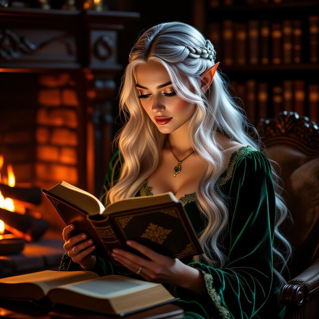 Beautiful Elf Woman Reading by Fireplace in Cozy Room