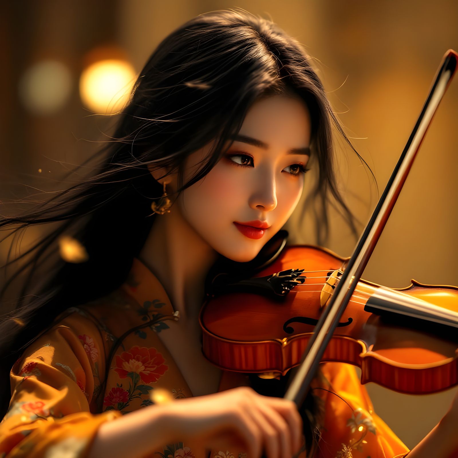 Asian Violinist in Passionate Performance, Hyperrealistic Po...