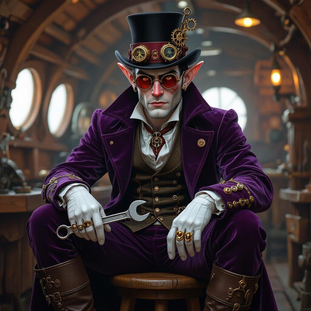 Steampunk Elf Inventor in Workshop, Golden Lighting
