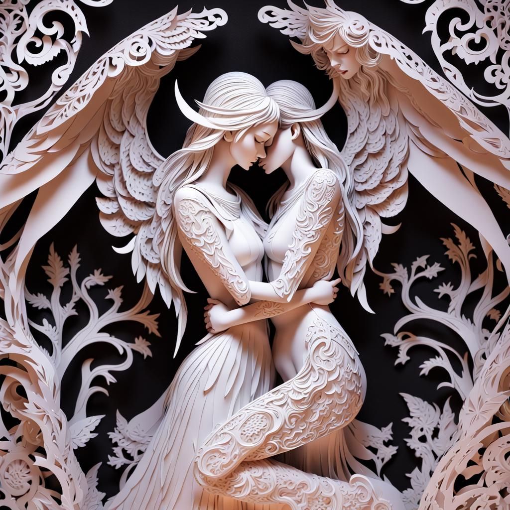 Intricate 3D Kirigami of Embracing Angel and Demon