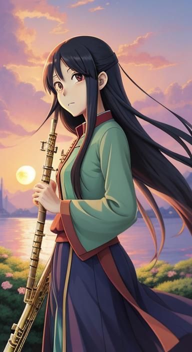 Ghibli Girl Plays Flute at Sunset: Anime Style