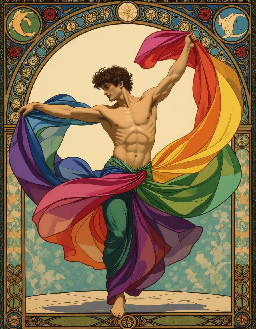 Dynamic Rainbow Dance: Art Nouveau Symbolism