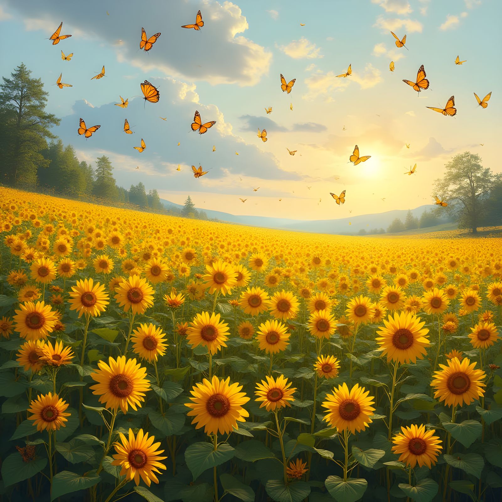 Sunflower Meadow with Butterflies in Photorealistic Style