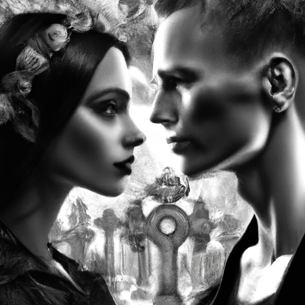 Gothic Lovers in Cemetery: Black and White Portrait