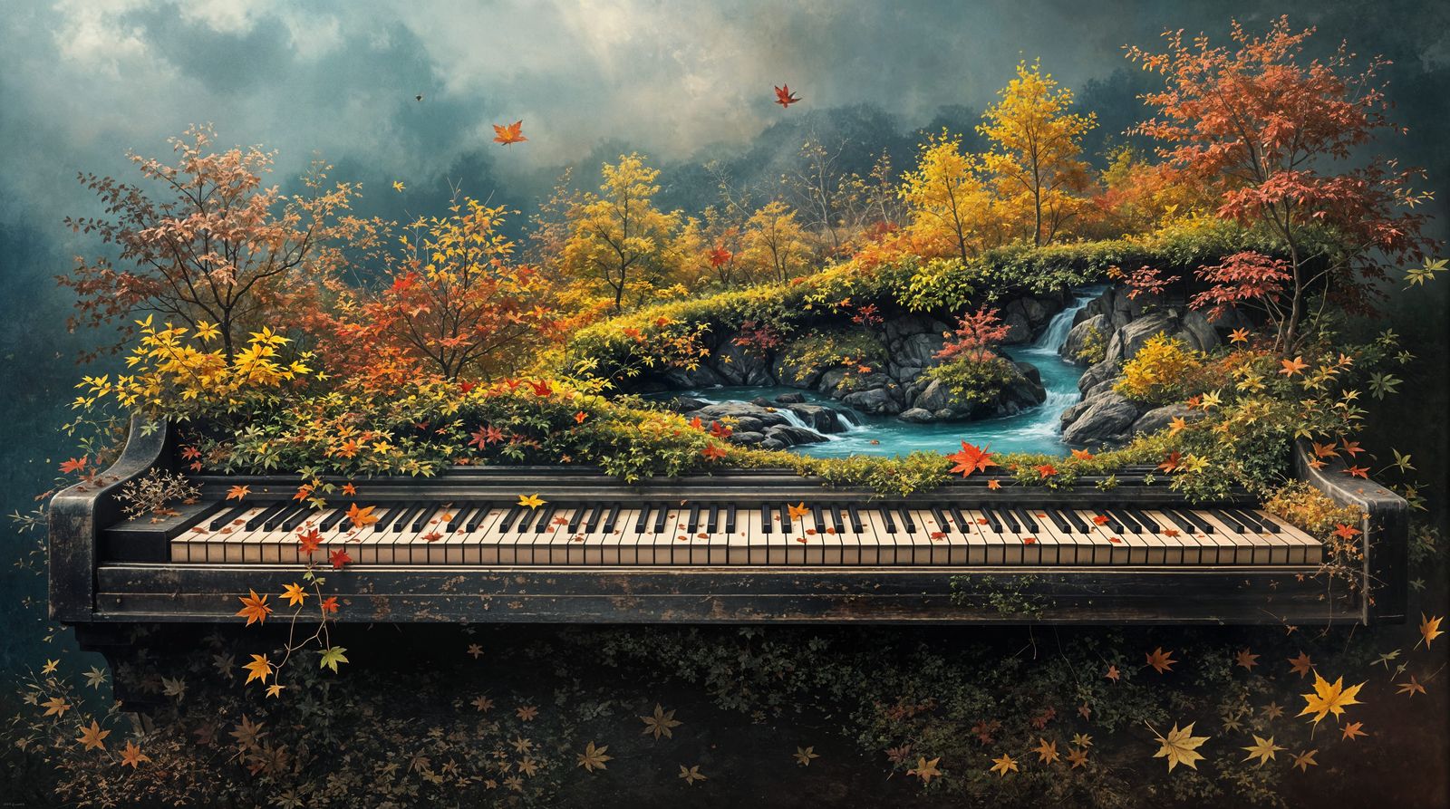 Surreal Autumn Piano Landscape in Vibrant Colors