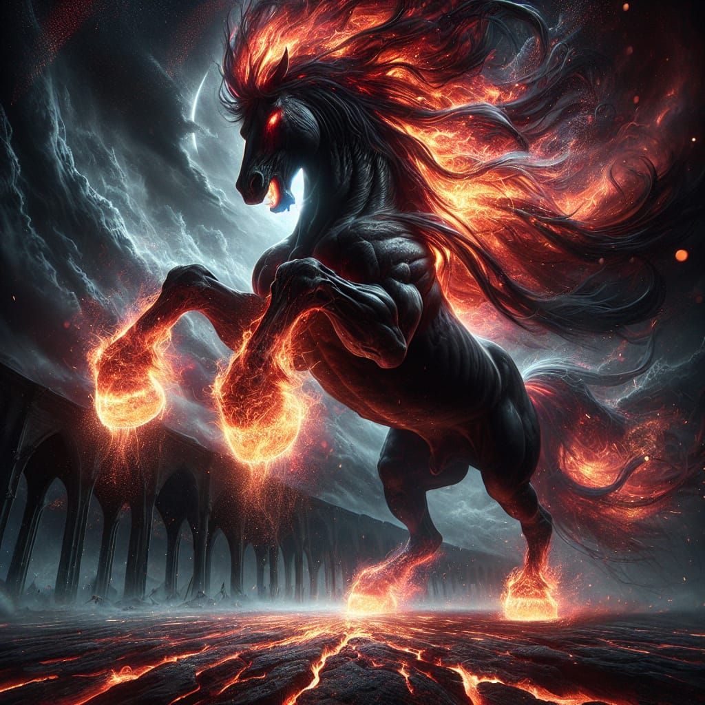 Powerful Dark Fantasy Stallion in Fiery Battle