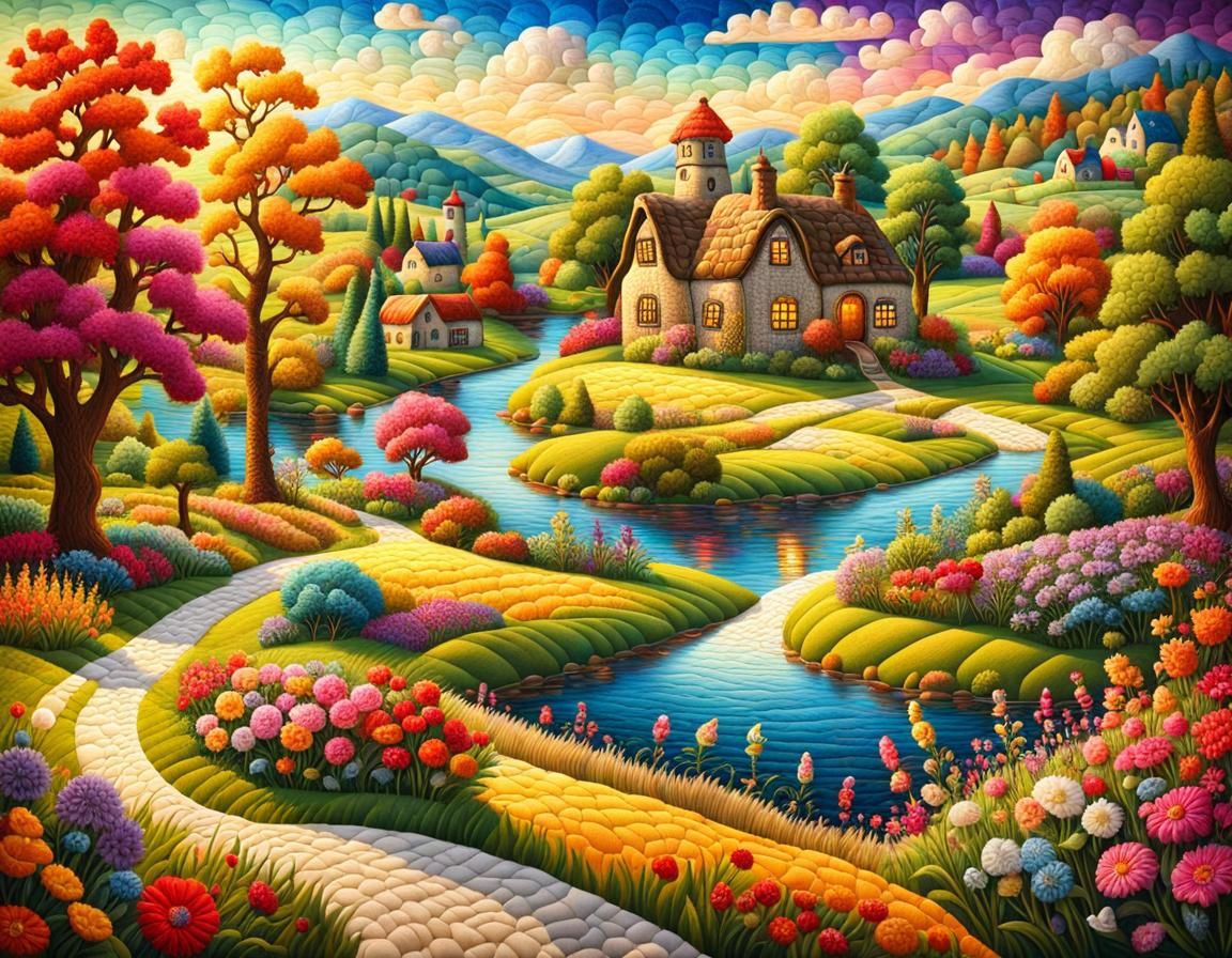 Enchanting Quilted Landscape Tapestry with Flowers and Meado...