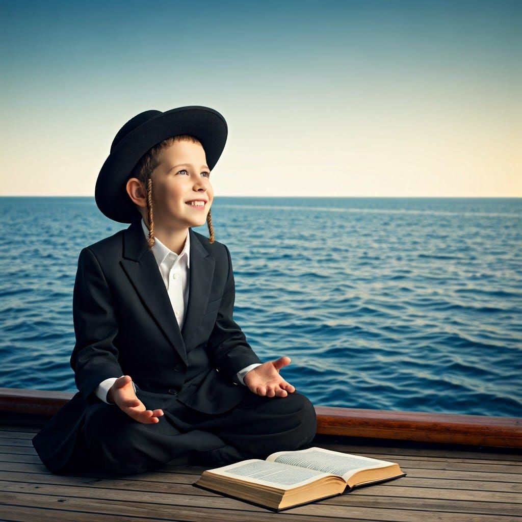 Boy in Orthodox Attire on Ship Deck