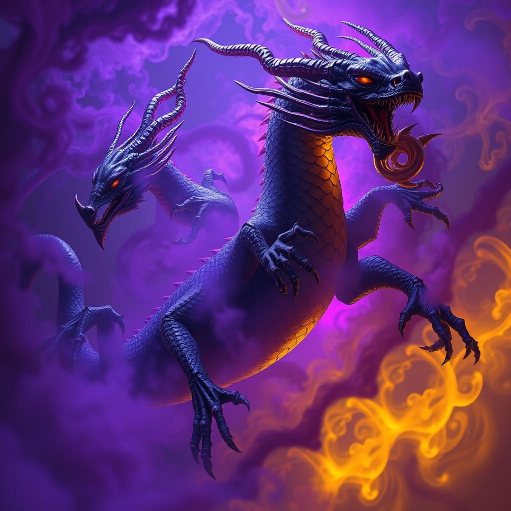 Cyberpunk Hydra Dragon in Dark Fantasy Realm