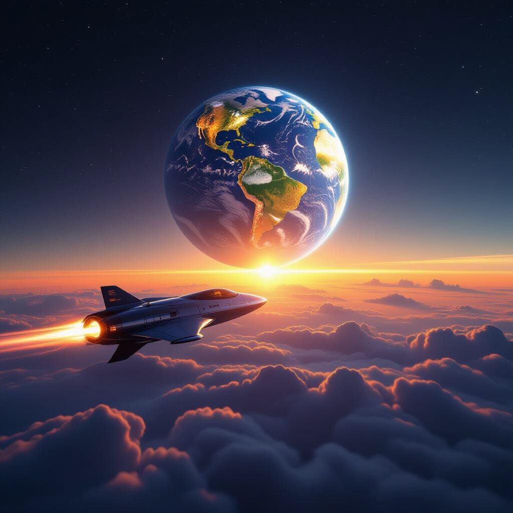 Earth Sunrise with Futuristic Spaceship in Cinematic Style