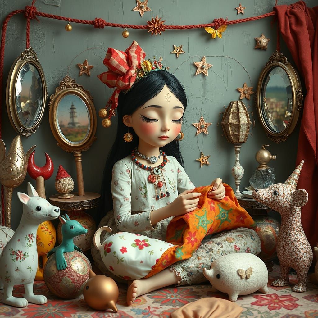 Whimsical Naive Art Figure Meditates Amidst Folk Art Setting