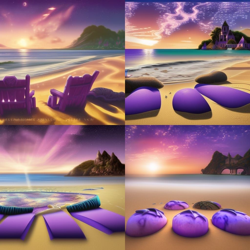 Enchanted Romanesque Beach Scene with Purple Sunset