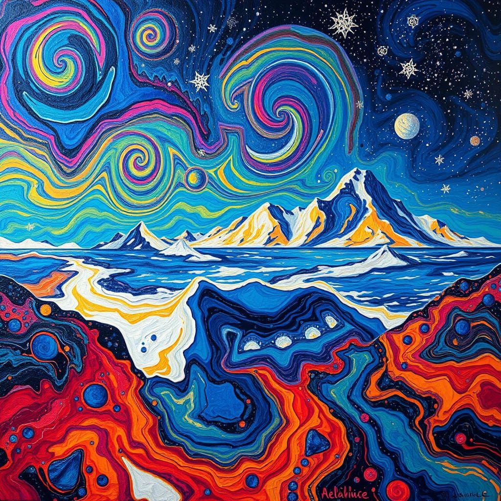 Cosmic Antarctica in Vibrant, Swirling Impasto Style
