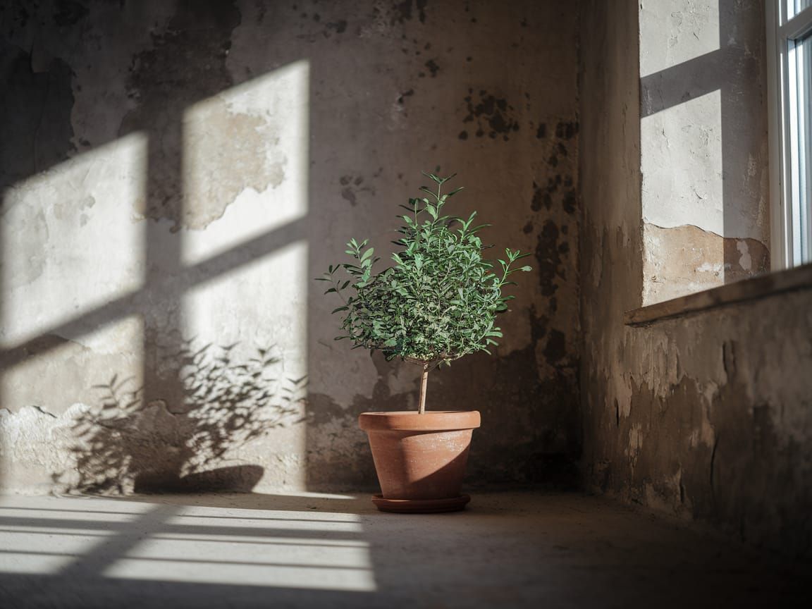 Serene Rustic Still Life with Potted Plant