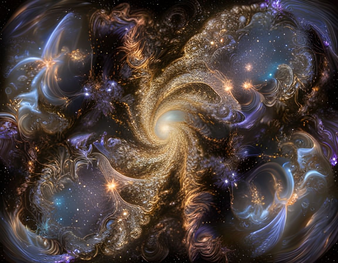 Fractal Collision of Glass Galaxies in Gouache Style