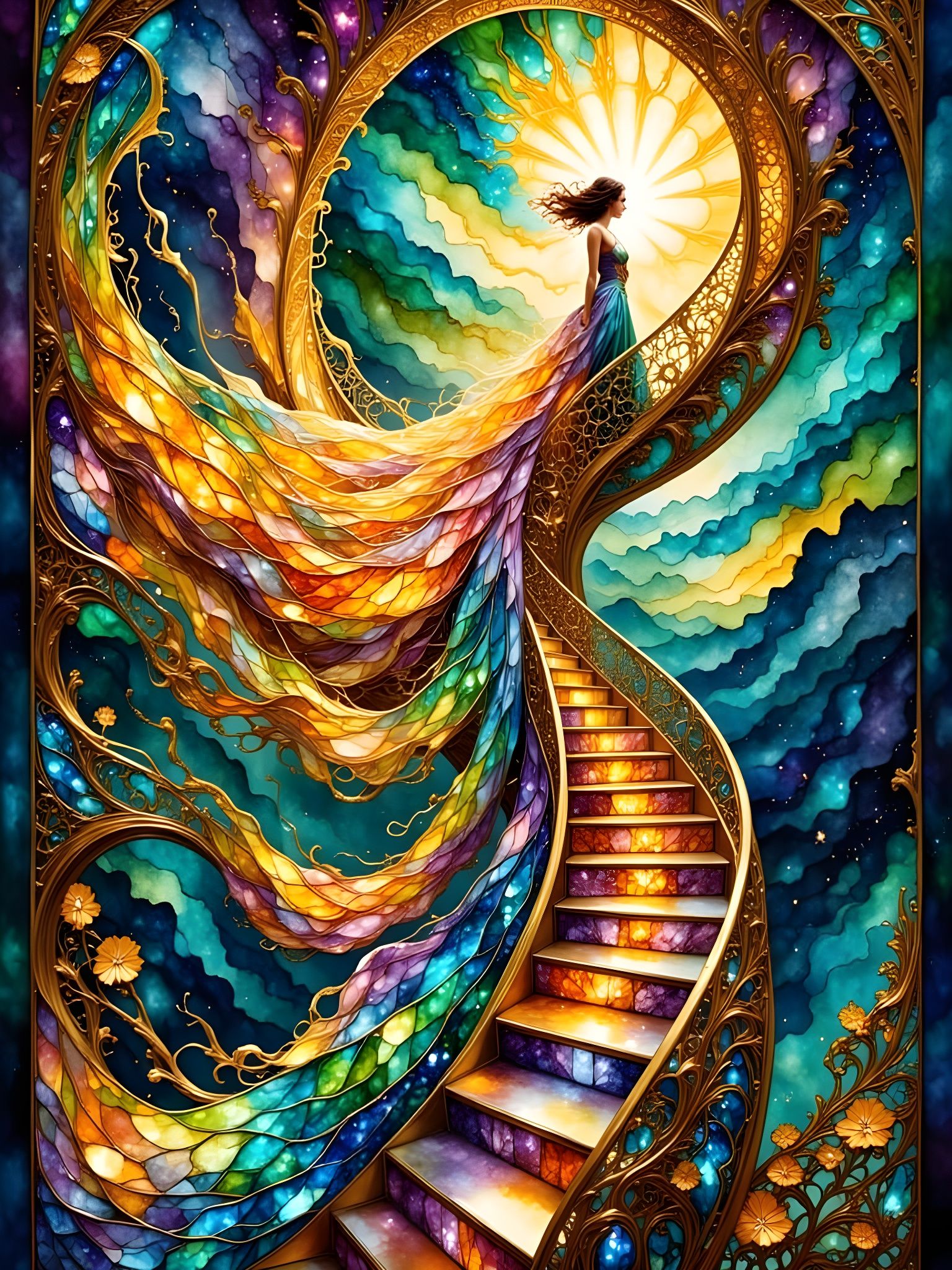 Ethereal Stained Glass Goddess Ascends into Cosmic Dreamscap...