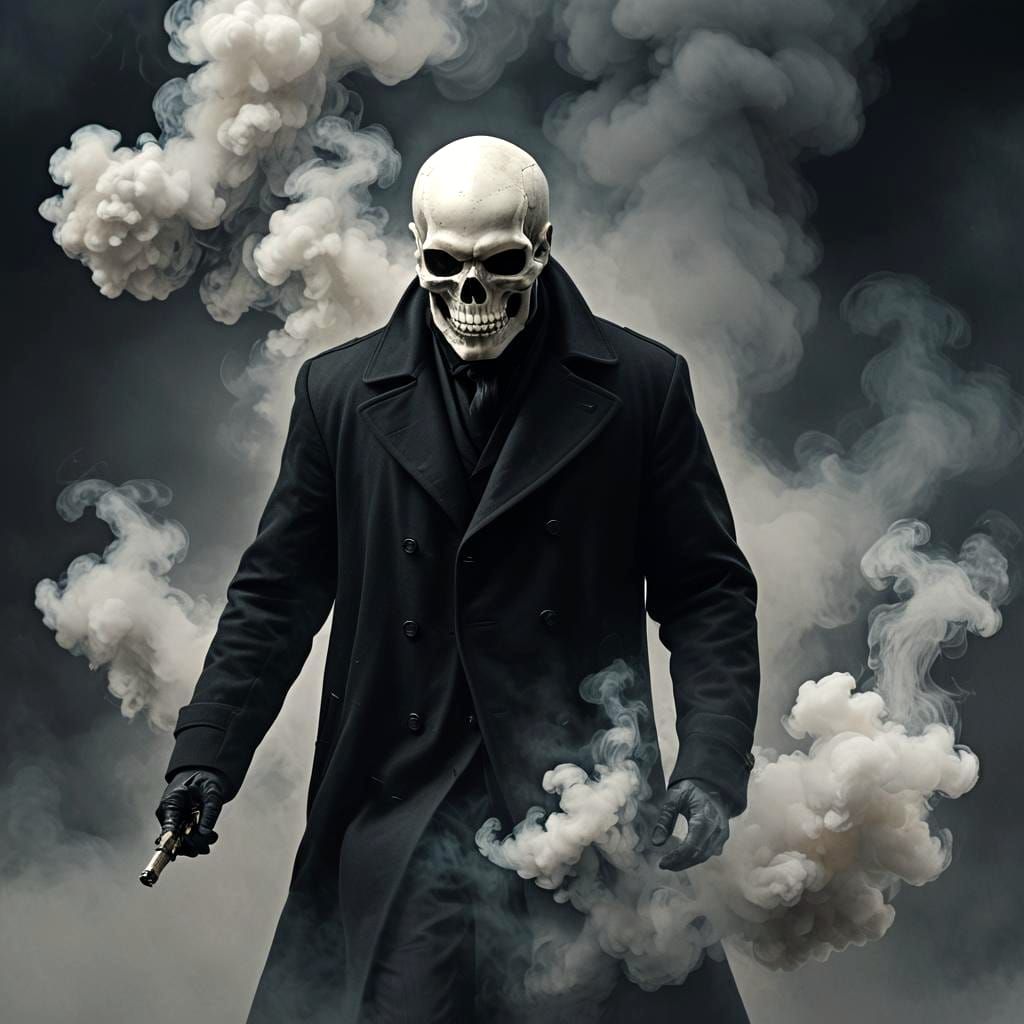 Hyperrealistic Man in Skull Overcoat