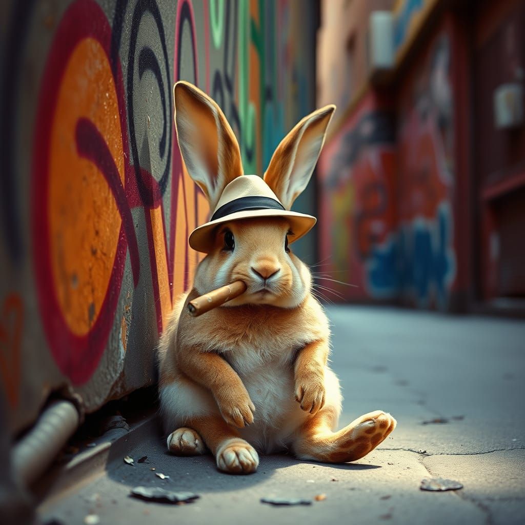 Suave Tan Bunny Rabbit in Fedoras and Cigar, Exuding Coolnes...