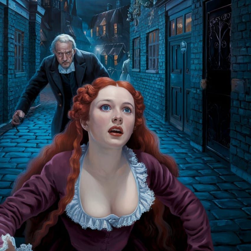 Victorian Woman Flees Maniac in Dark London Alley Oil Painti...