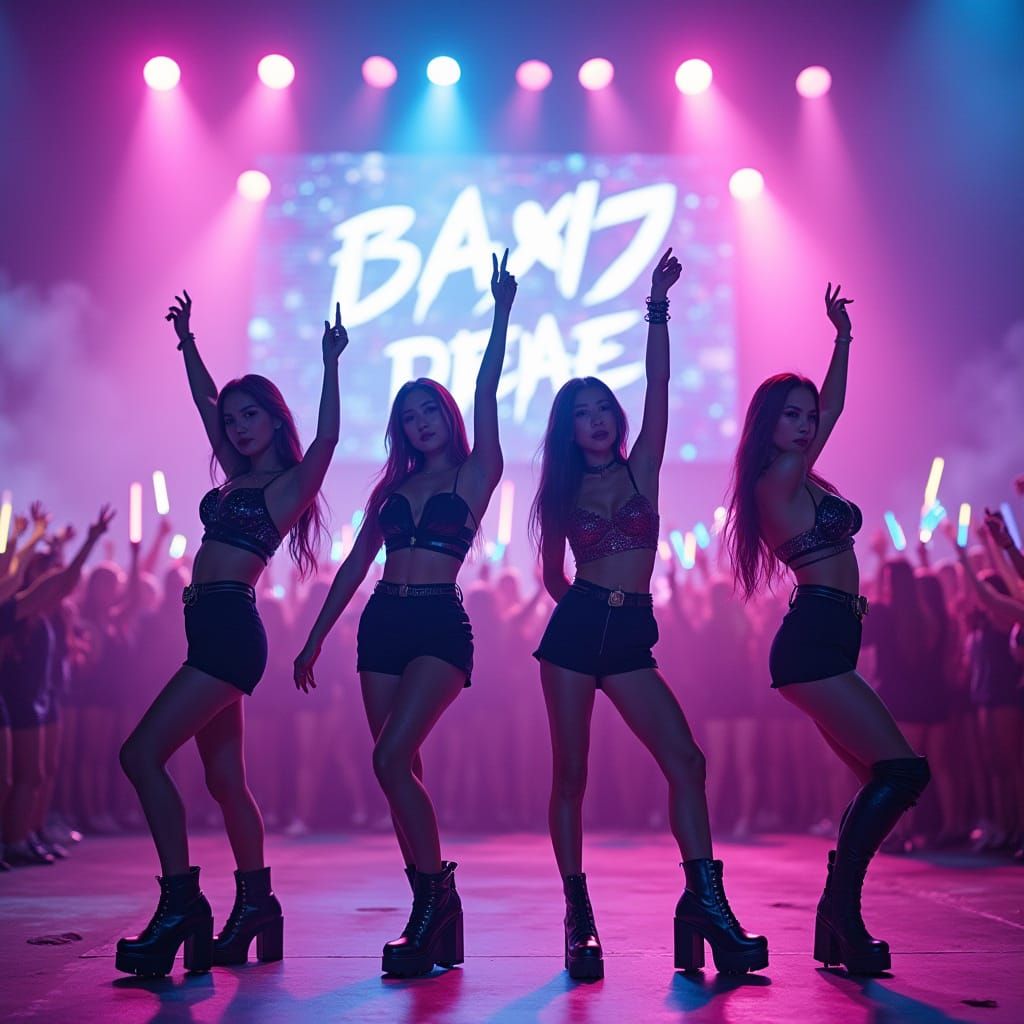 Sleek Girl Group Performs Energetic Dance Routine Under Neon...