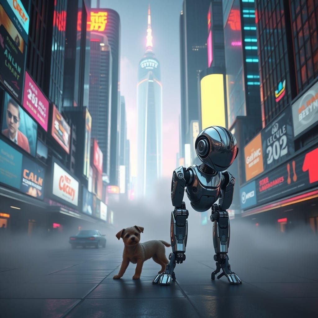 Surreal Futuristic Metropolis with Curious Puppy and Robot C...