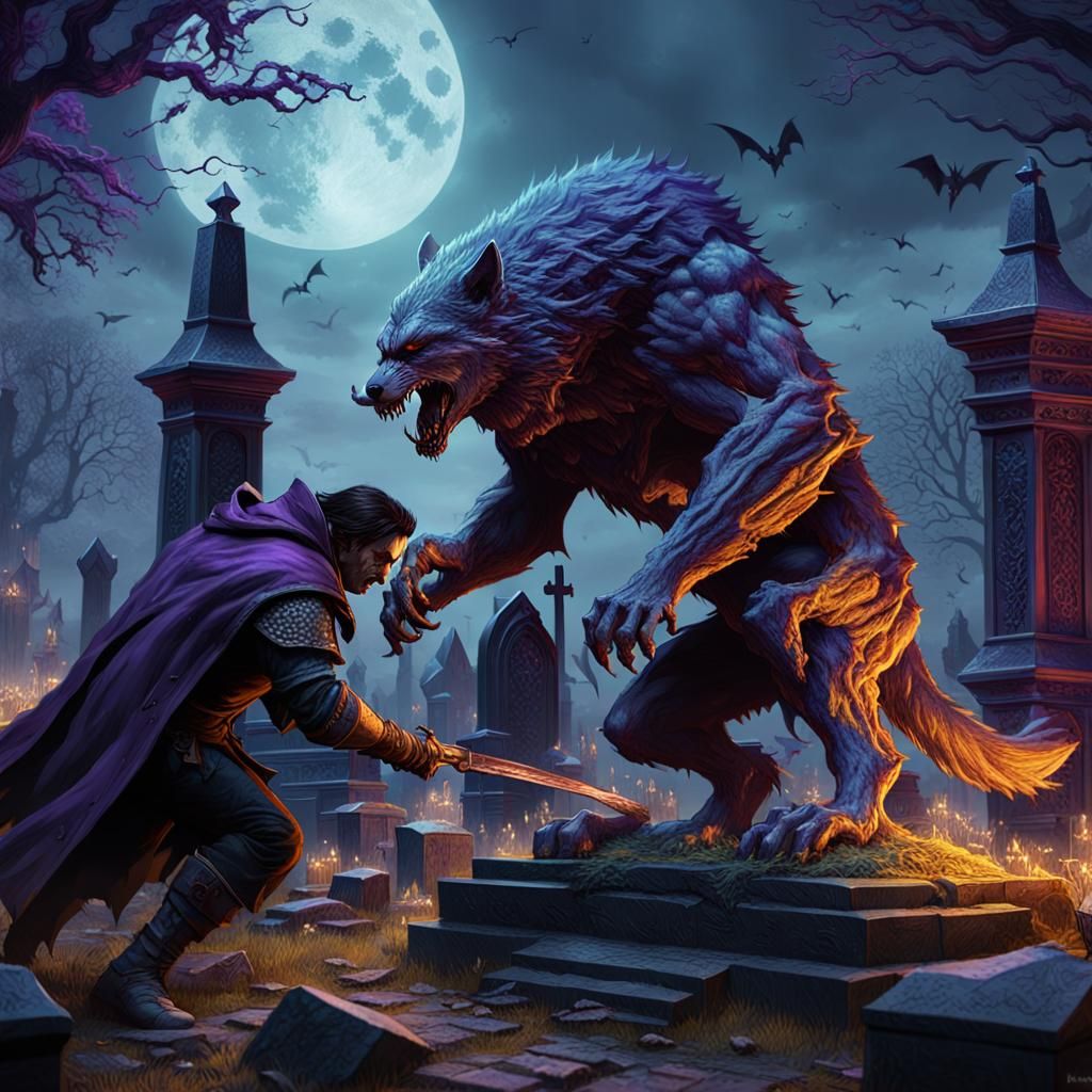 Dire Wolf vs Vampire: Dark Fantasy Graveyard Battle