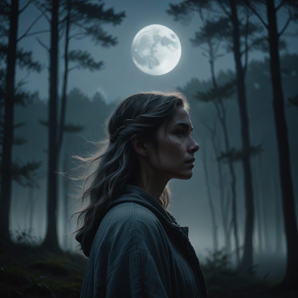 Ethereal Moonlit Woman in Misty Forest