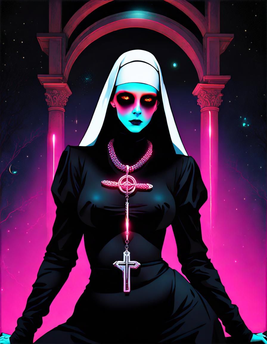 Neon Nun Necromancer in Noir Night Nebula