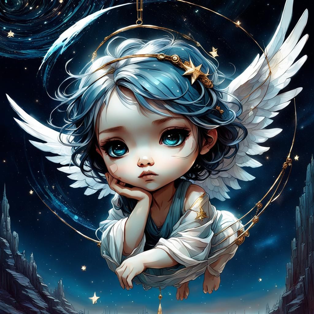 Chibi Angel Hanging from Star in Indigo Sky