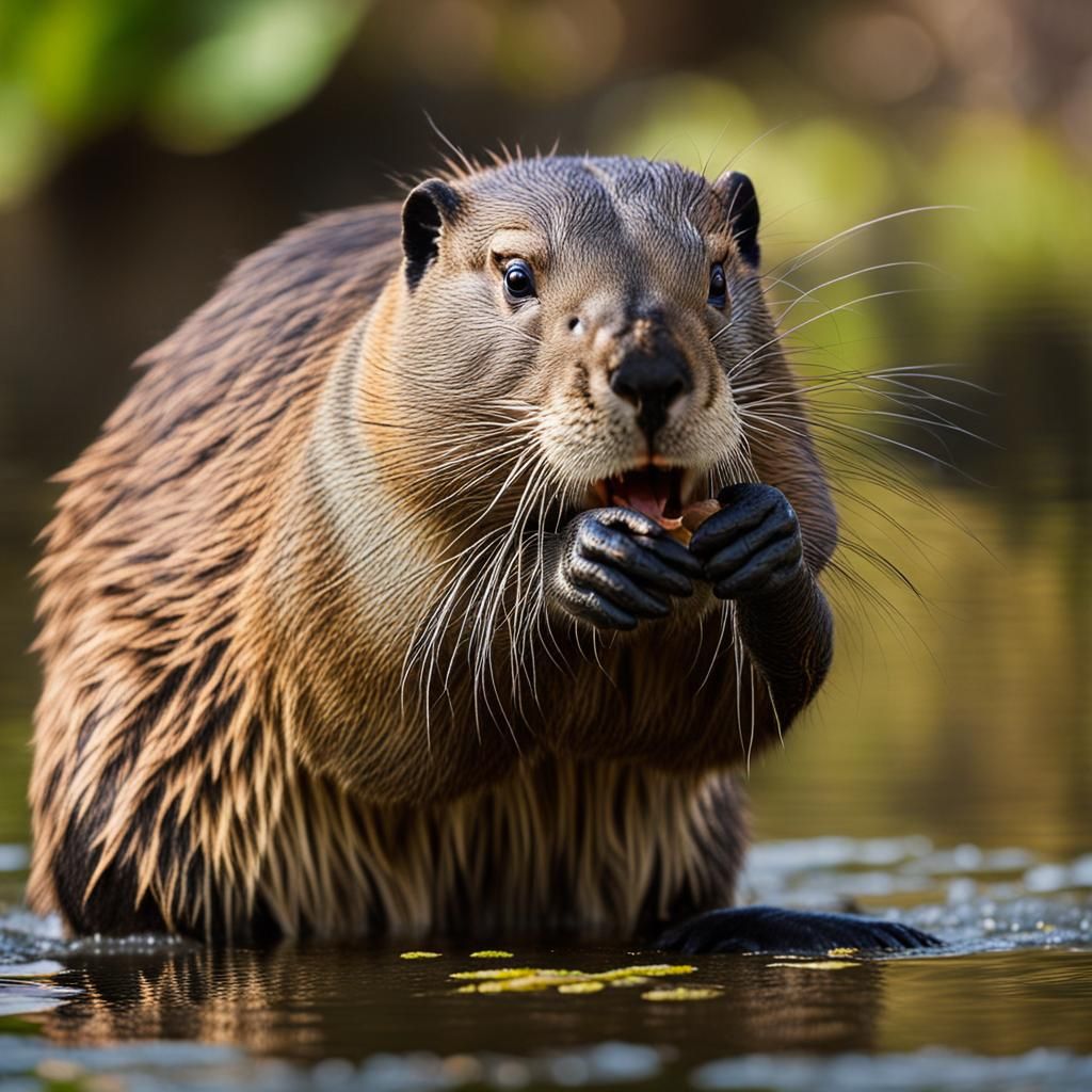 Nutria Holding Trout in Sharp Focus