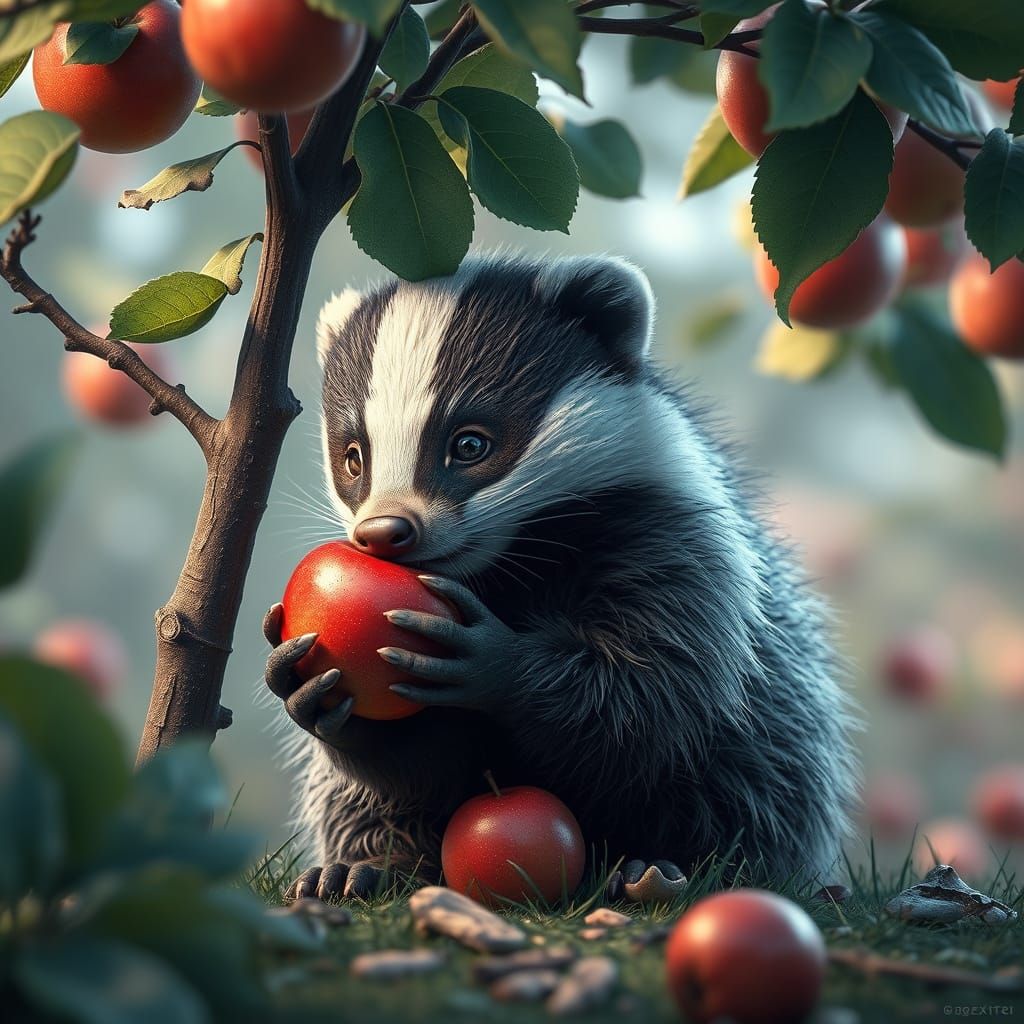 Baby Badger Enjoys Crunchy Apple in Autumnal Splendor