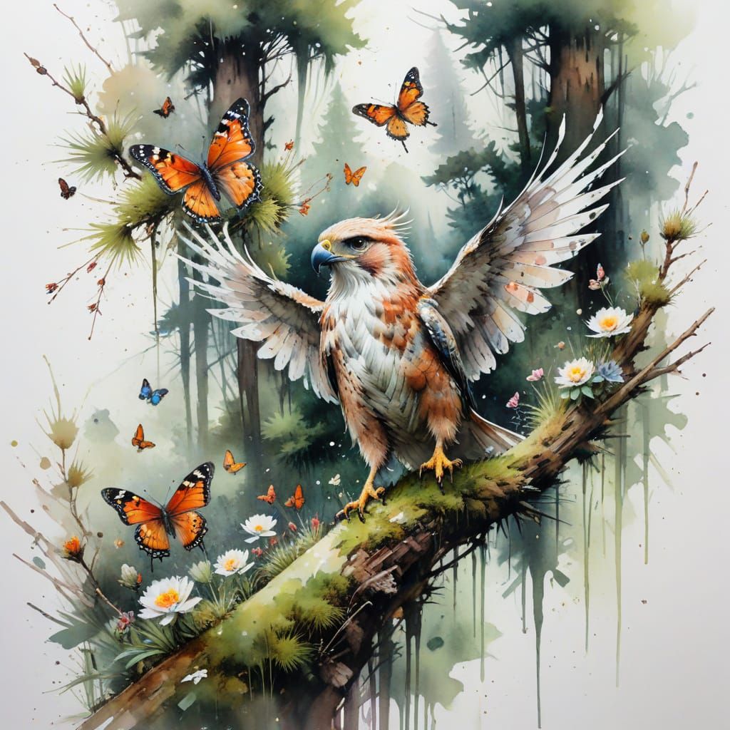 Wise Hawks in Lush Watercolor Garden