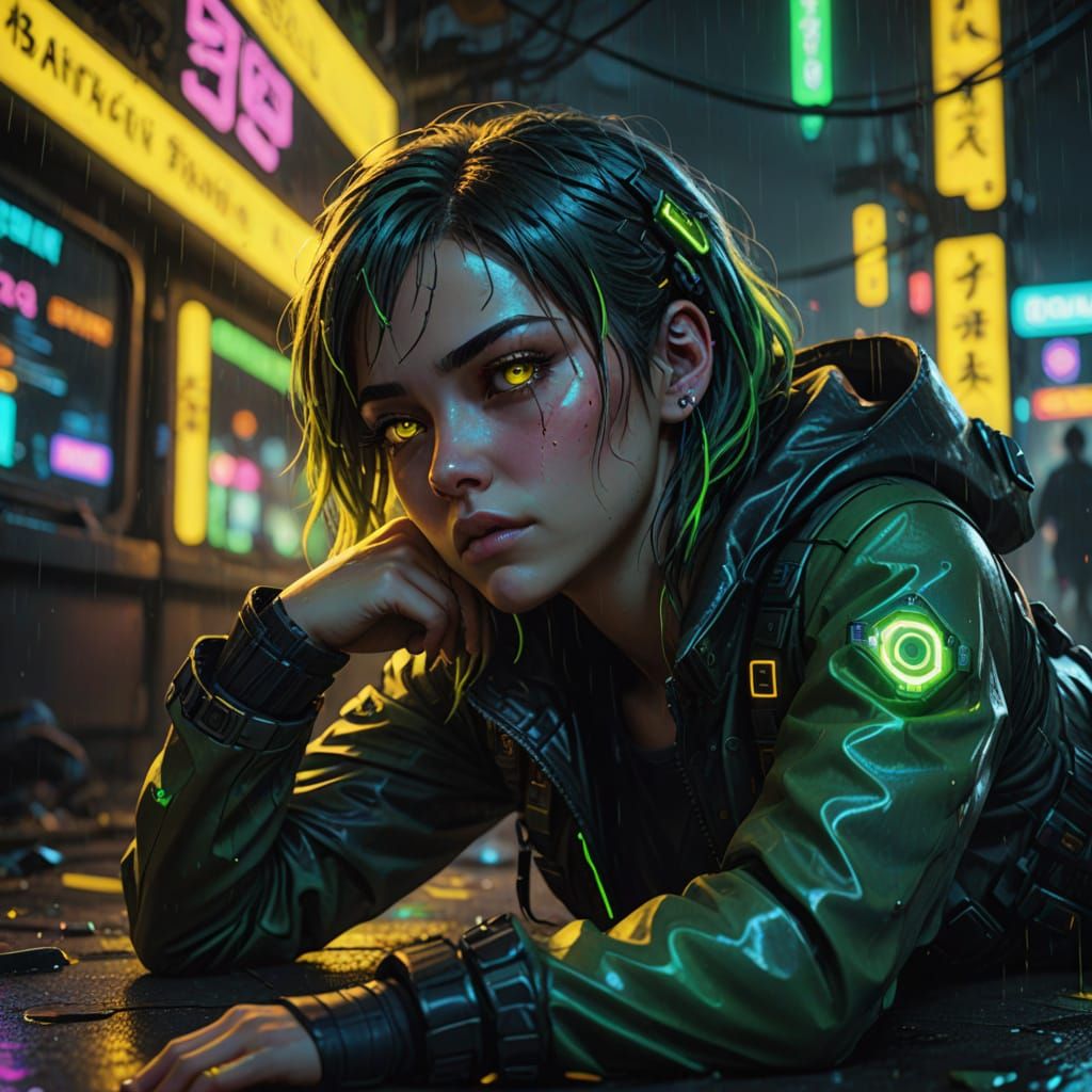 Cyberpunk Girl with Glowing Eyes in Neon Cityscape