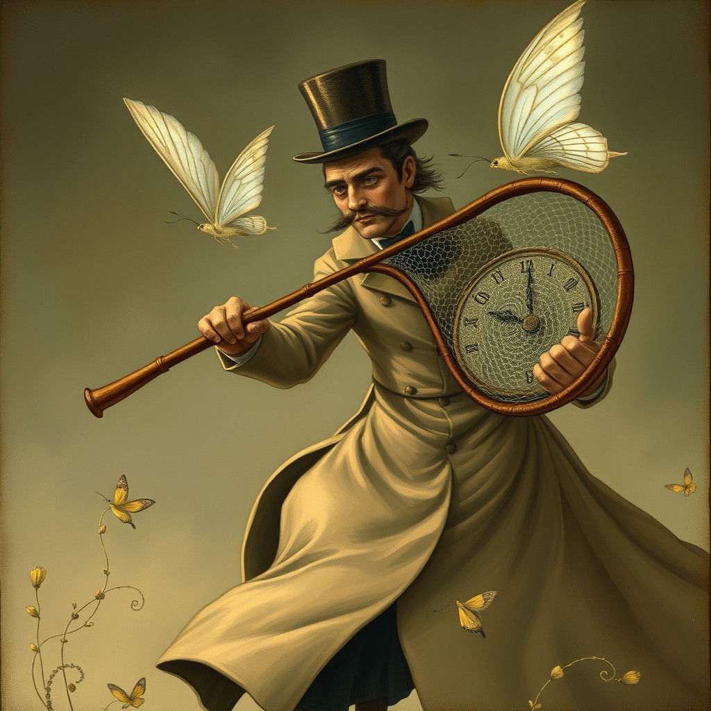 Man Chasing Winged Clock in Dreamlike Scene