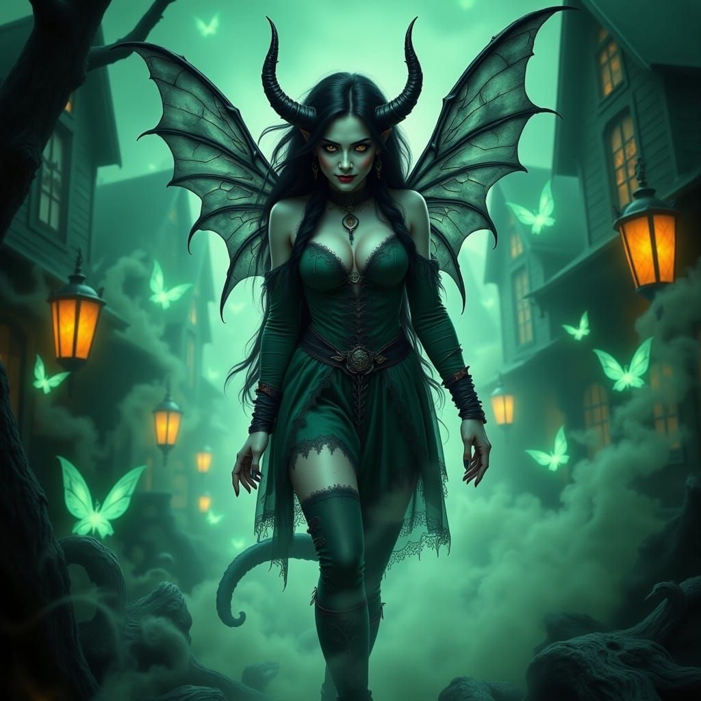 Demonic Creature in Haunted Woods with Glowing Spirits