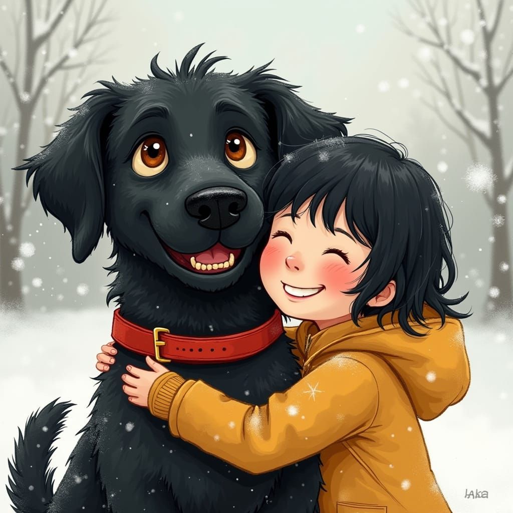 Dog and Girl in Snowy Scene, Illustrated Style