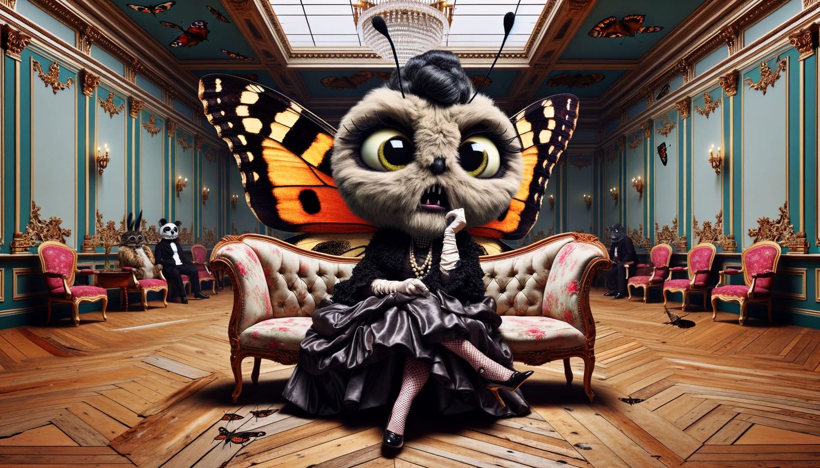 Confused Goth Butterfly Grand Dame in Dilapidated Ballroom