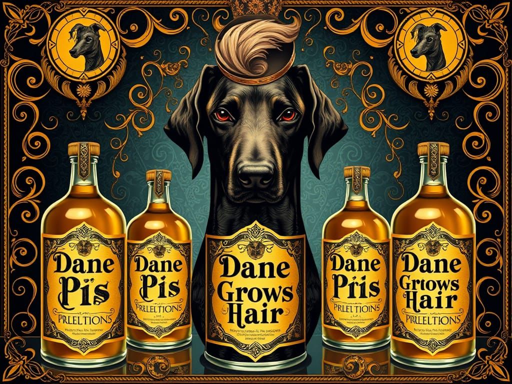 Golden Potions with Whimsical Gothic Labels in Intricate Vec...