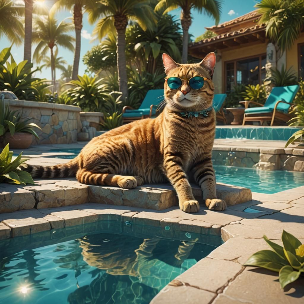 Cat Lounging by Pool in Sunglasses: Fantasy Art