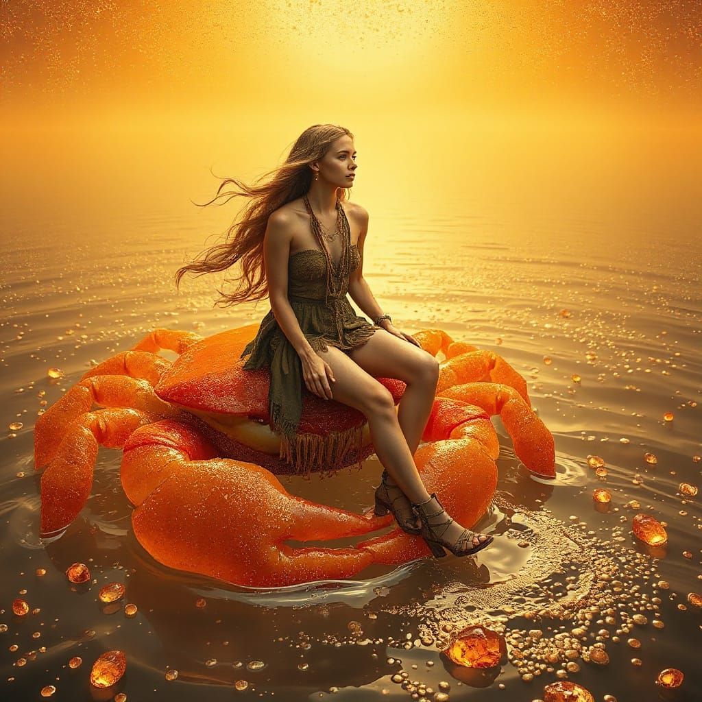 Woman on Gummy Crab in Effervescent Soda Sea